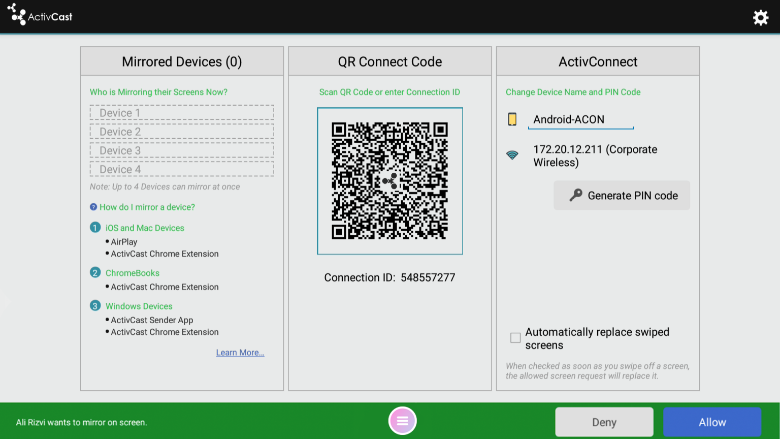 How do I mirror my screen in ActivCast?