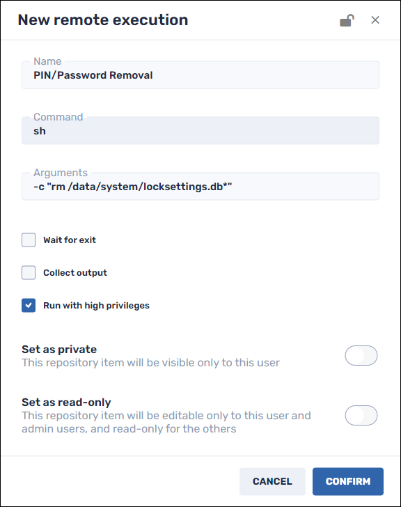 Resetting a pin or password via radix viso